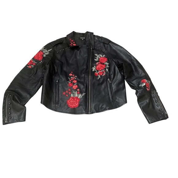 Torrid Moto Jacket Womens Size 0 Black Rose Floral Embroidered Studded Zip - Picture 2 of 12